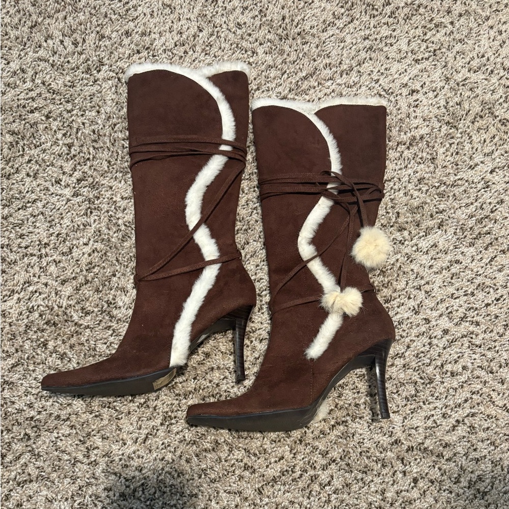 PSD Faux Suede Brown Heeled Boots with White Fur Trim
